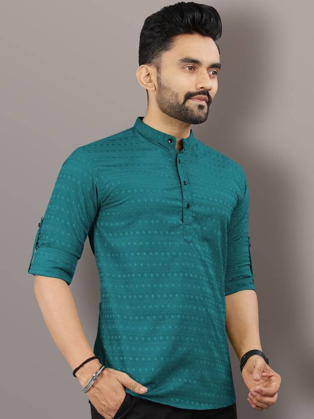 Men Striped Art Silk Straight Kurta (Green)