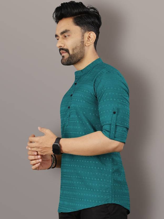 Men Striped Art Silk Straight Kurta (Green) - Image 3